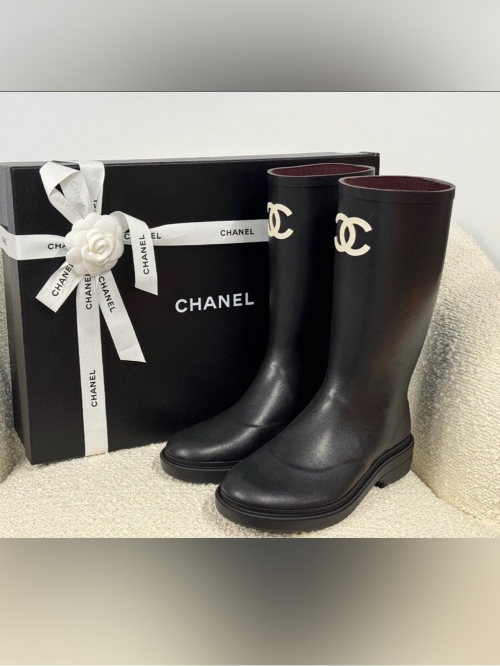 CHANEL Black Leather Knee-High Rain Boots with White CC Logo